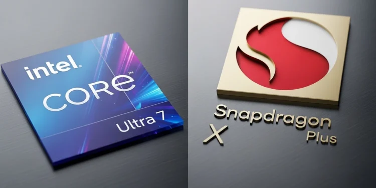 A side by side comparison of the Intel Core Ultra 7 processor and the Qualcomm Snapdragon X Plus chip logos.