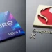 A side by side comparison of the Intel Core Ultra 7 processor and the Qualcomm Snapdragon X Plus chip logos.