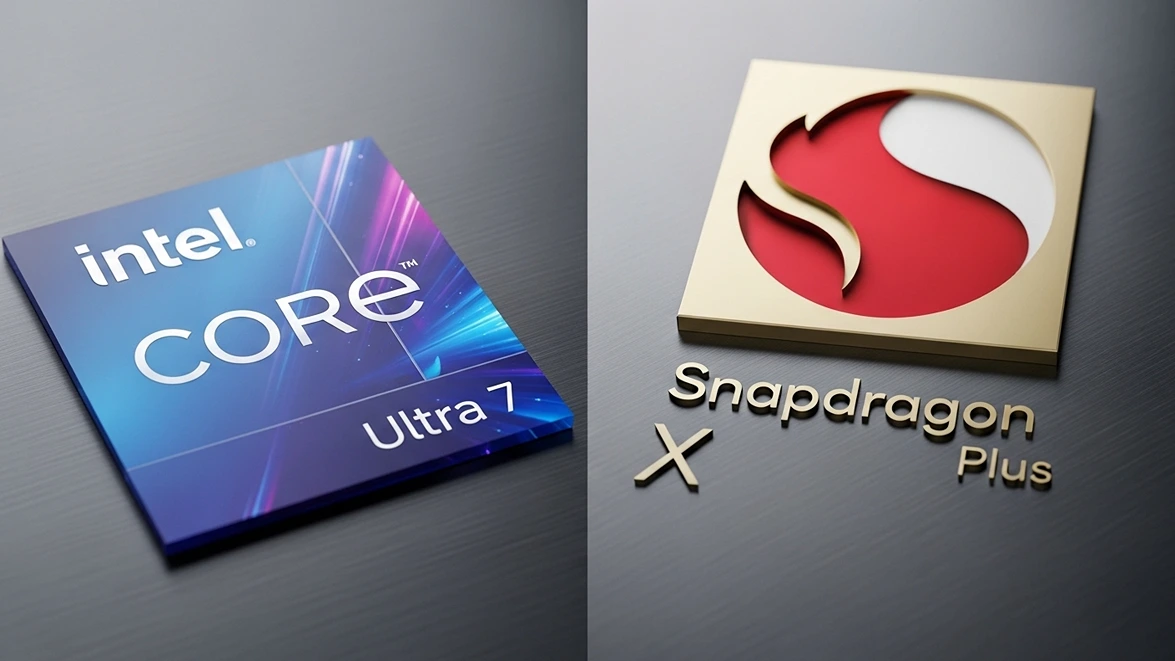 A side by side comparison of the Intel Core Ultra 7 processor and the Qualcomm Snapdragon X Plus chip logos.