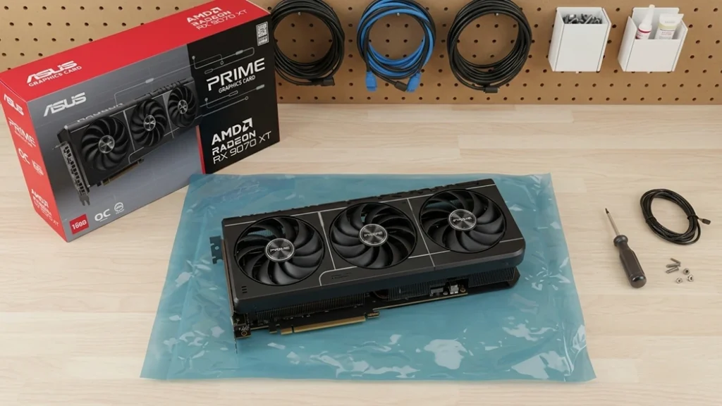 ASUS Prime Radeon RX 9070 XT 16GB OC graphics card displayed alongside retail packaging