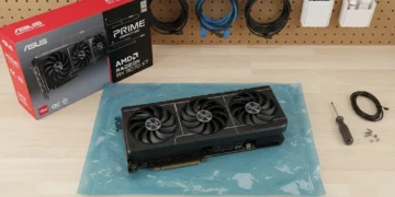 ASUS Prime Radeon RX 9070 XT 16GB OC graphics card displayed alongside retail packaging