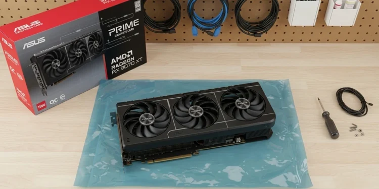 ASUS Prime Radeon RX 9070 XT 16GB OC graphics card displayed alongside retail packaging