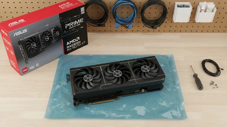ASUS Prime Radeon RX 9070 XT 16GB OC graphics card displayed alongside retail packaging