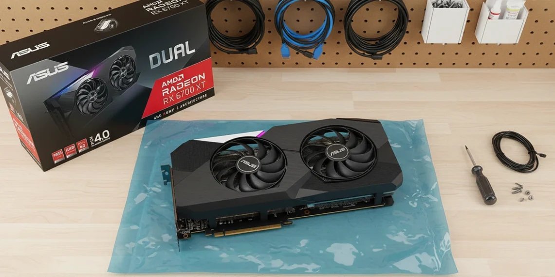 Top-down view of Asus RX 6700 XT on anti-static bag and box on PC workbench.