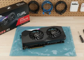 Top-down view of Asus RX 6700 XT on anti-static bag and box on PC workbench.