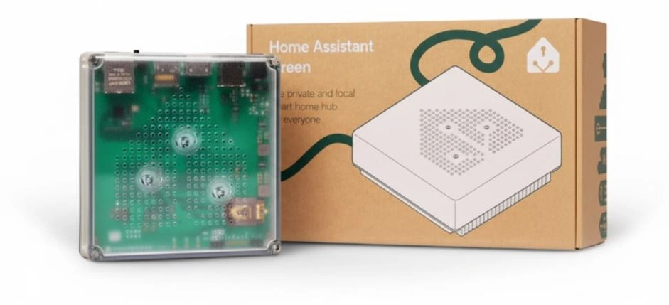 Home Assistant Green fanless local smart home hub with packaging and internal circuit board visible.