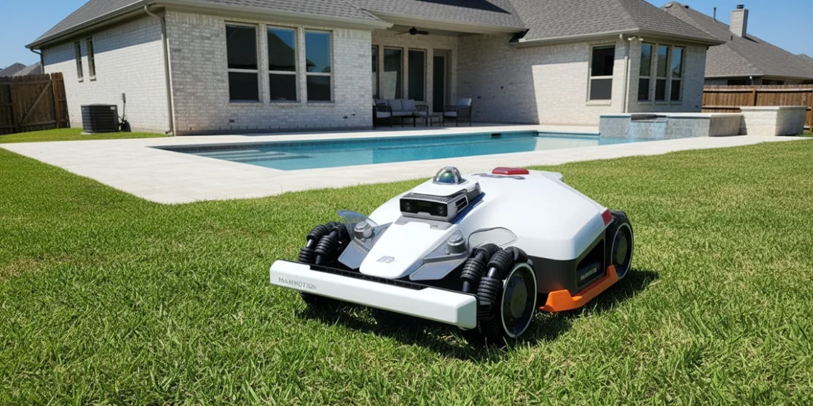 Luba 3 robotic lawn mower on a North Texas suburban lawn near a backyard swimming pool in Frisco.