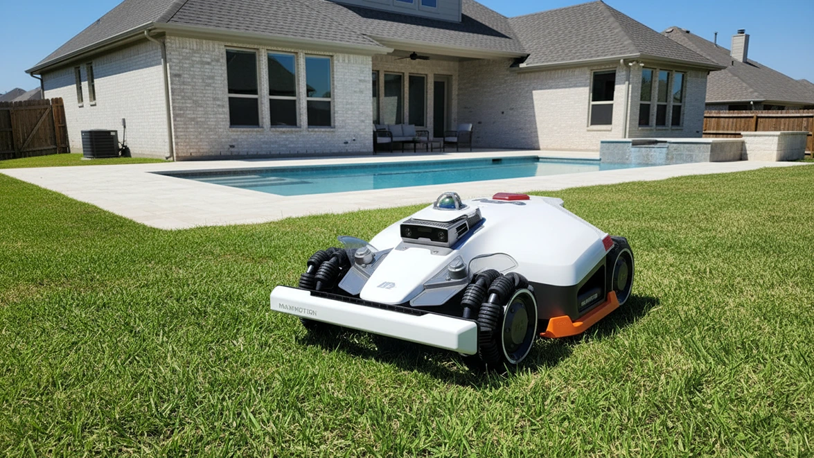Luba 3 robotic lawn mower on a North Texas suburban lawn near a backyard swimming pool in Frisco.