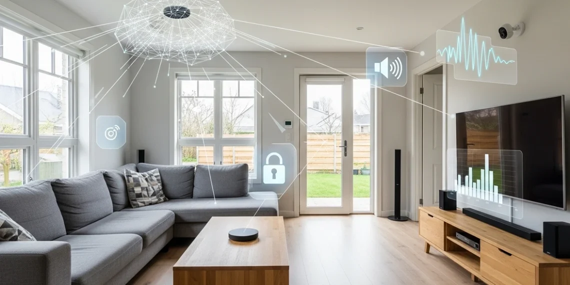 Modern living room with digital smart home automation icons over sofa and TV