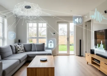 Modern living room with digital smart home automation icons over sofa and TV