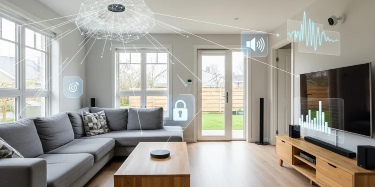 Modern living room with digital smart home automation icons over sofa and TV