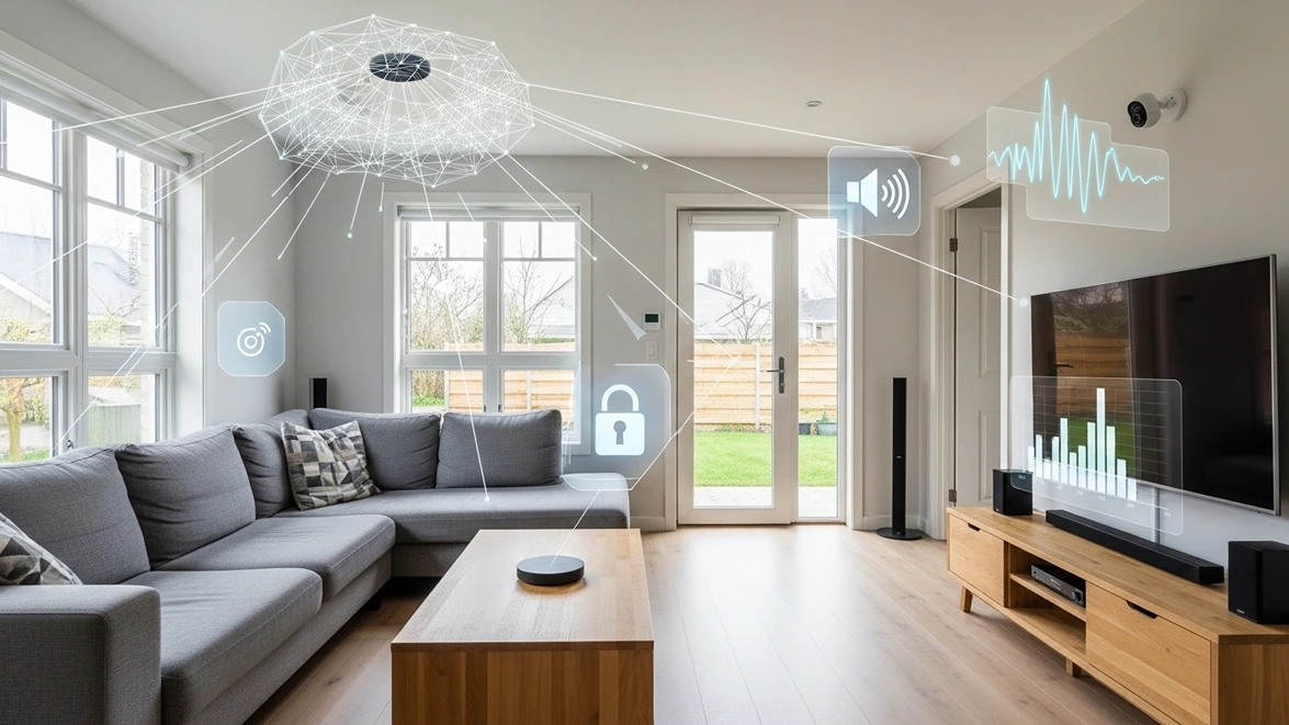 Modern living room with digital smart home automation icons over sofa and TV