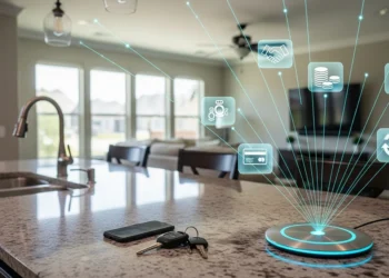 Smart home hub on kitchen counter with glowing blue subscription icons.