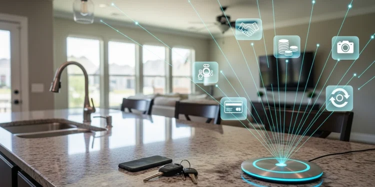 Smart home hub on kitchen counter with glowing blue subscription icons.