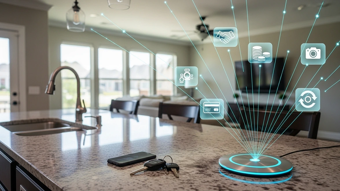 Smart home hub on kitchen counter with glowing blue subscription icons.