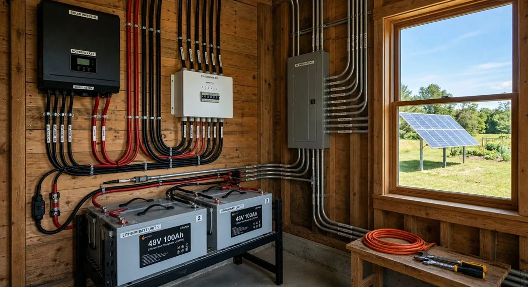 DIY off grid power system with inverter, lithium batteries and window view of solar panels in homestead shed