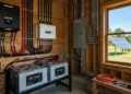 DIY off grid power system with inverter, lithium batteries and window view of solar panels in homestead shed