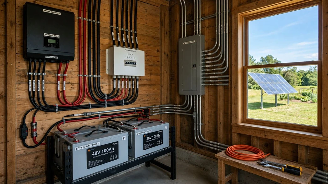 DIY off grid power system with inverter, lithium batteries and window view of solar panels in homestead shed