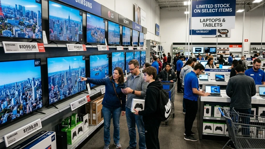 Shoppers comparing prices on new TVs and laptops in a crowded electronics store, illustrating tech trends to watch as gadget prices rise