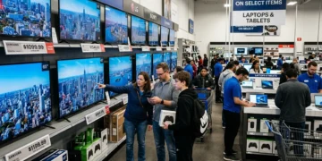 Shoppers comparing prices on new TVs and laptops in a crowded electronics store, illustrating tech trends to watch as gadget prices rise