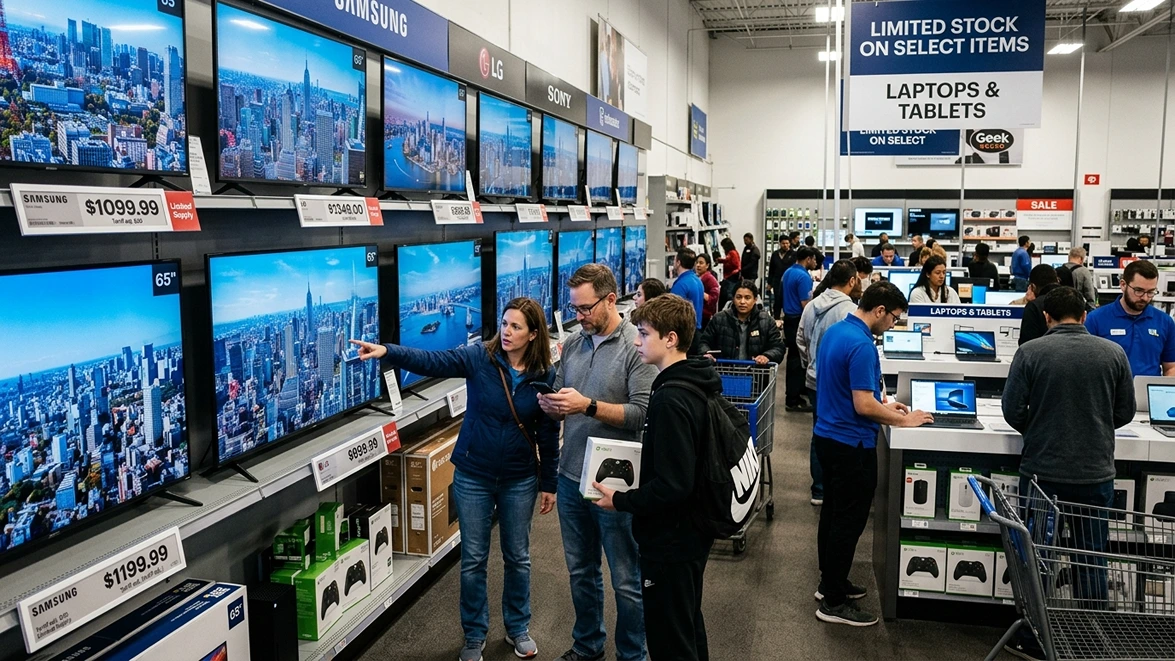 Shoppers comparing prices on new TVs and laptops in a crowded electronics store, illustrating tech trends to watch as gadget prices rise