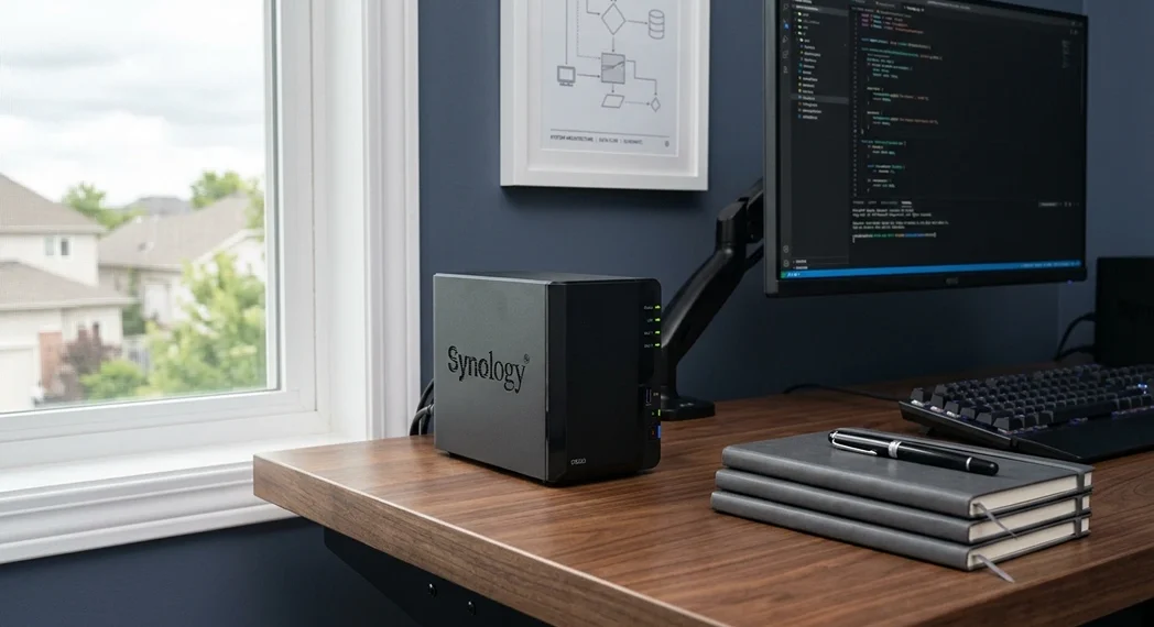 A compact black NAS unit sitting on a clean walnut desk in a home office, representing professional independent data storage solutions.
