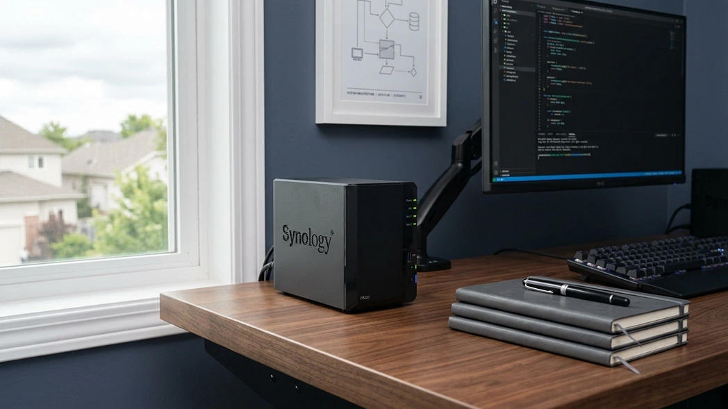 A compact black NAS unit sitting on a clean walnut desk in a home office, representing professional independent data storage solutions.