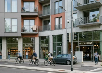 Modern 15 minute city control block with bike lanes and hidden traffic camera