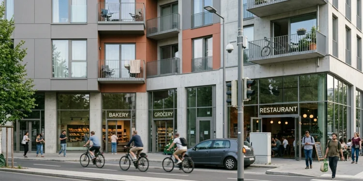 Modern 15 minute city control block with bike lanes and hidden traffic camera