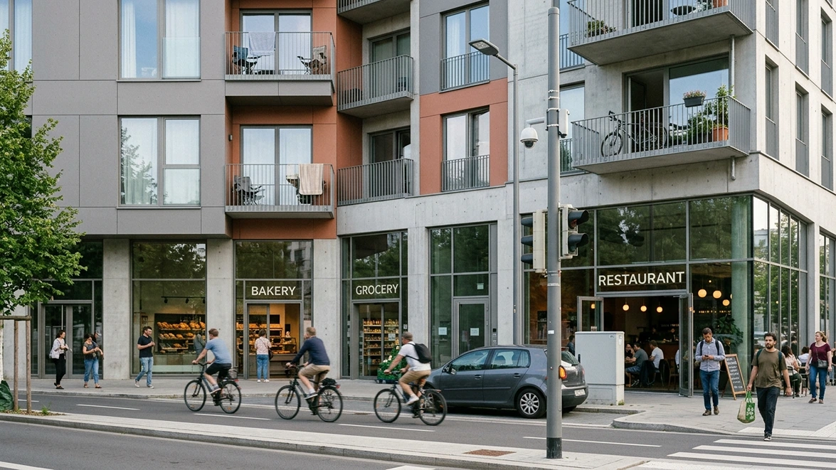 Modern 15 minute city control block with bike lanes and hidden traffic camera