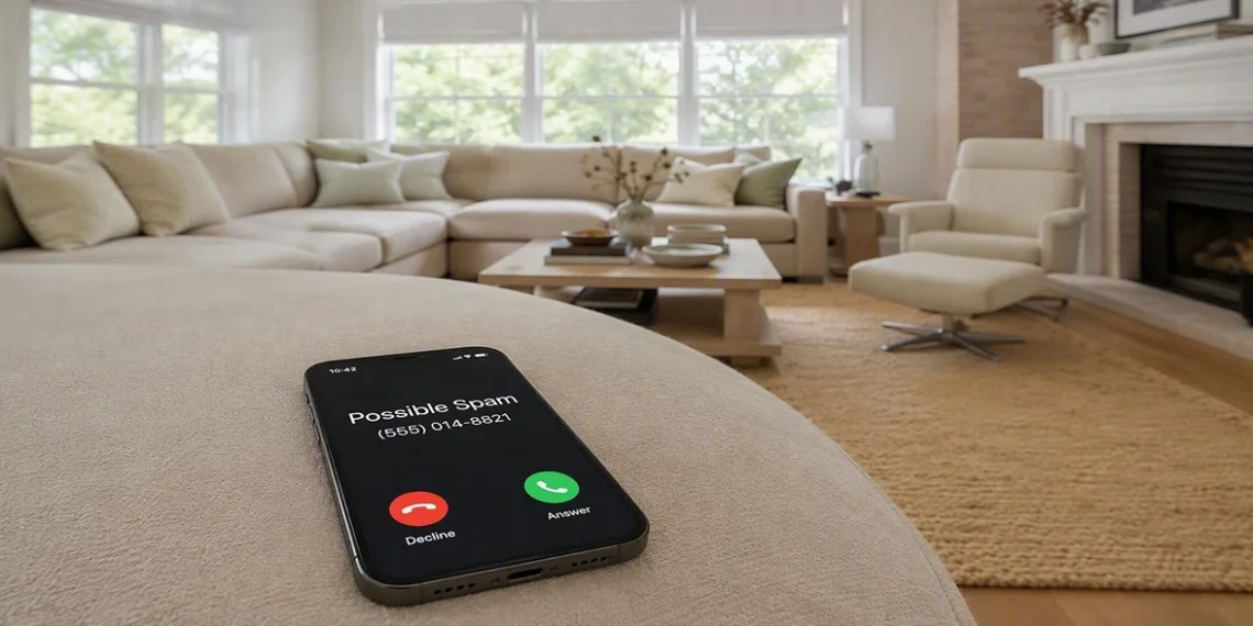 Smartphone showing a possible spam call on a coffee table in a bright living room