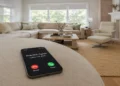 Smartphone showing a possible spam call on a coffee table in a bright living room