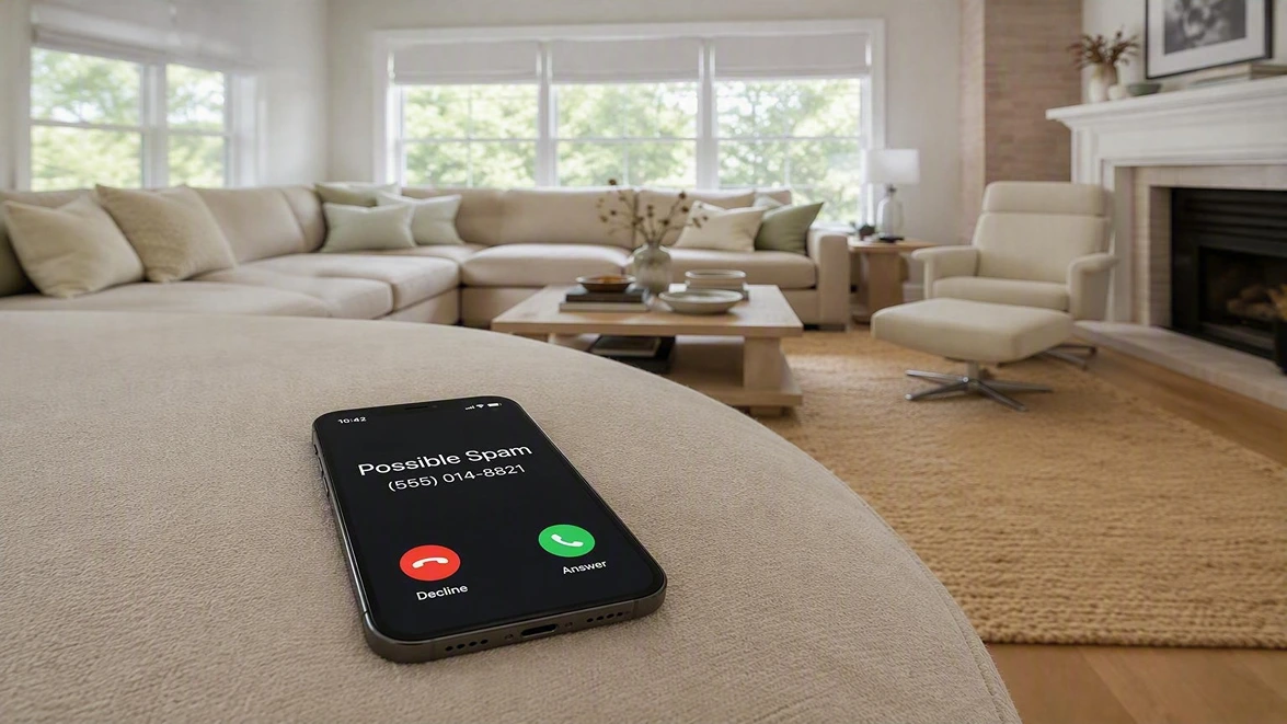 Smartphone showing a possible spam call on a coffee table in a bright living room