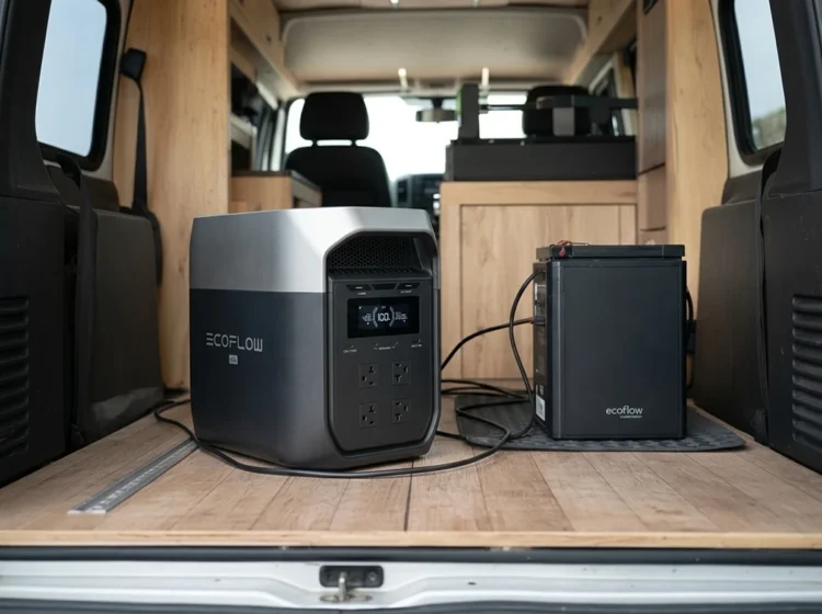 EcoFlow portable power station connected to an extra battery inside a camper van with a wooden floor