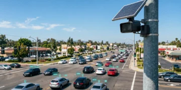 Flock license plate reader camera with solar panel mounted on a pole above a busy intersection, tracking passing vehicles