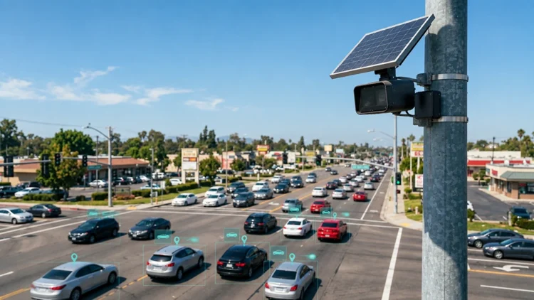 Flock license plate reader camera with solar panel mounted on a pole above a busy intersection, tracking passing vehicles