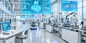 Automated factory floor showing jobs replaced by AI, with robotic arms on assembly lines and an empty workstation with gloves and an ID badge left behind