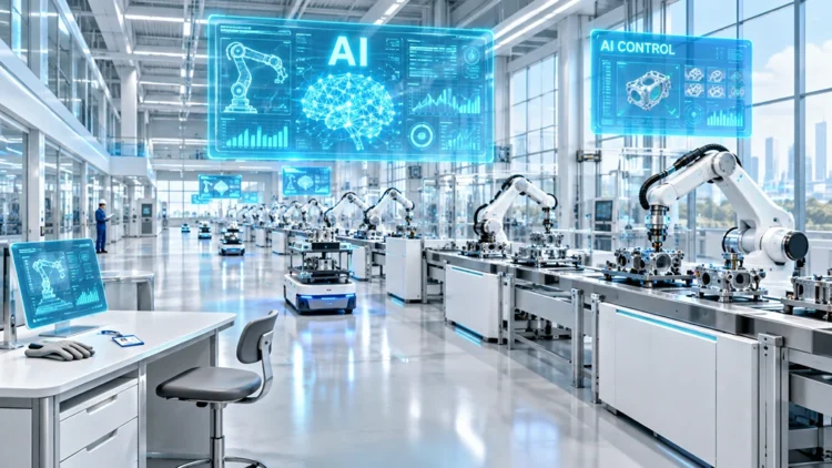 Automated factory floor showing jobs replaced by AI, with robotic arms on assembly lines and an empty workstation with gloves and an ID badge left behind