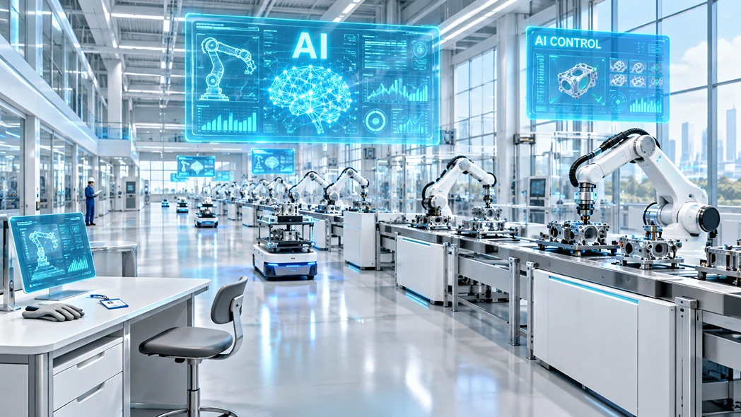 Automated factory floor showing jobs replaced by AI, with robotic arms on assembly lines and an empty workstation with gloves and an ID badge left behind