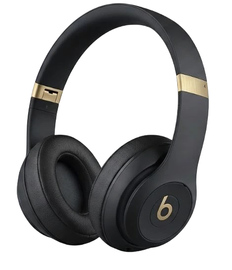 Black and gold Beats Solo 4 wireless on-ear headphones with a gold b logo on the ear cup