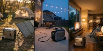 Home backup power system shown at a campsite, on a backyard patio, and powering a living room