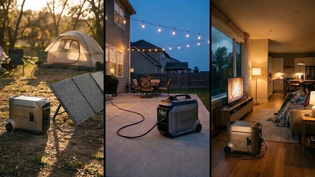 Home backup power system shown at a campsite, on a backyard patio, and powering a living room