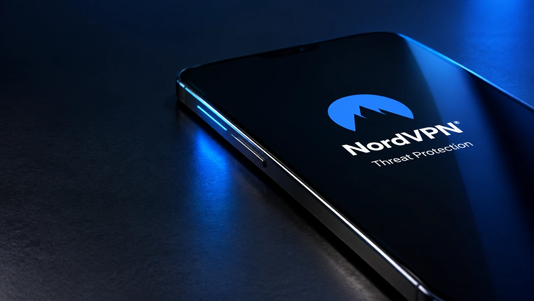 Smartphone lying flat on a dark table with NordVPN Threat Protection branding and sleek blue lighting.