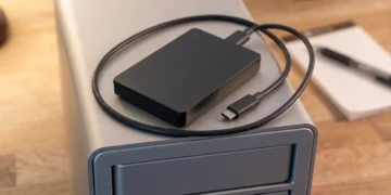 Portable external drive with USB-C cable on top of a home storage unit for offsite data backup