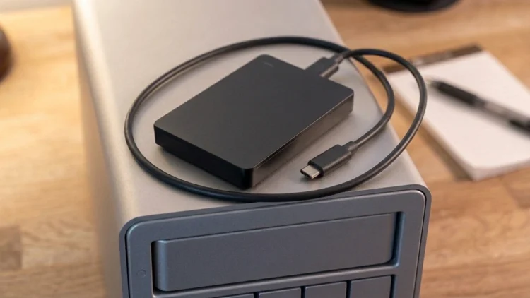 Portable external drive with USB-C cable on top of a home storage unit for offsite data backup