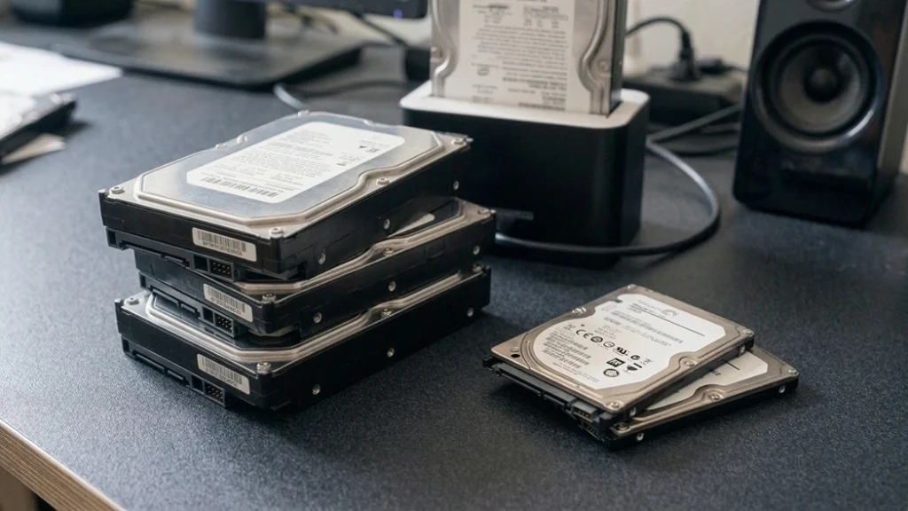 Repurposing old storage drives begins with a stack of 3.5 inch and 2.5 inch hard drives on a desk