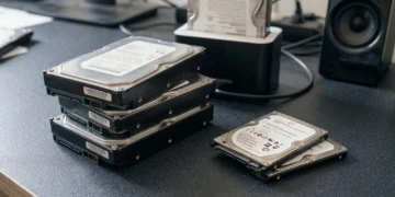 Repurposing old storage drives begins with a stack of 3.5 inch and 2.5 inch hard drives on a desk