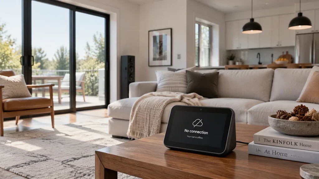 Smart home hub displaying a no connection warning in a modern living room.