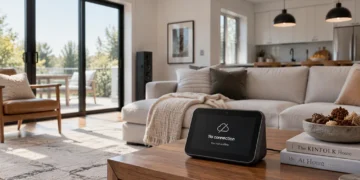 Smart home hub displaying a no connection warning in a modern living room.